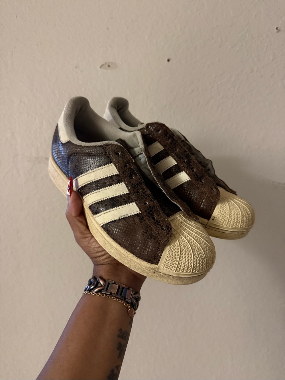 Adidas Brown Snake-Texture Superstar Sneakers with Cream Shell Toe